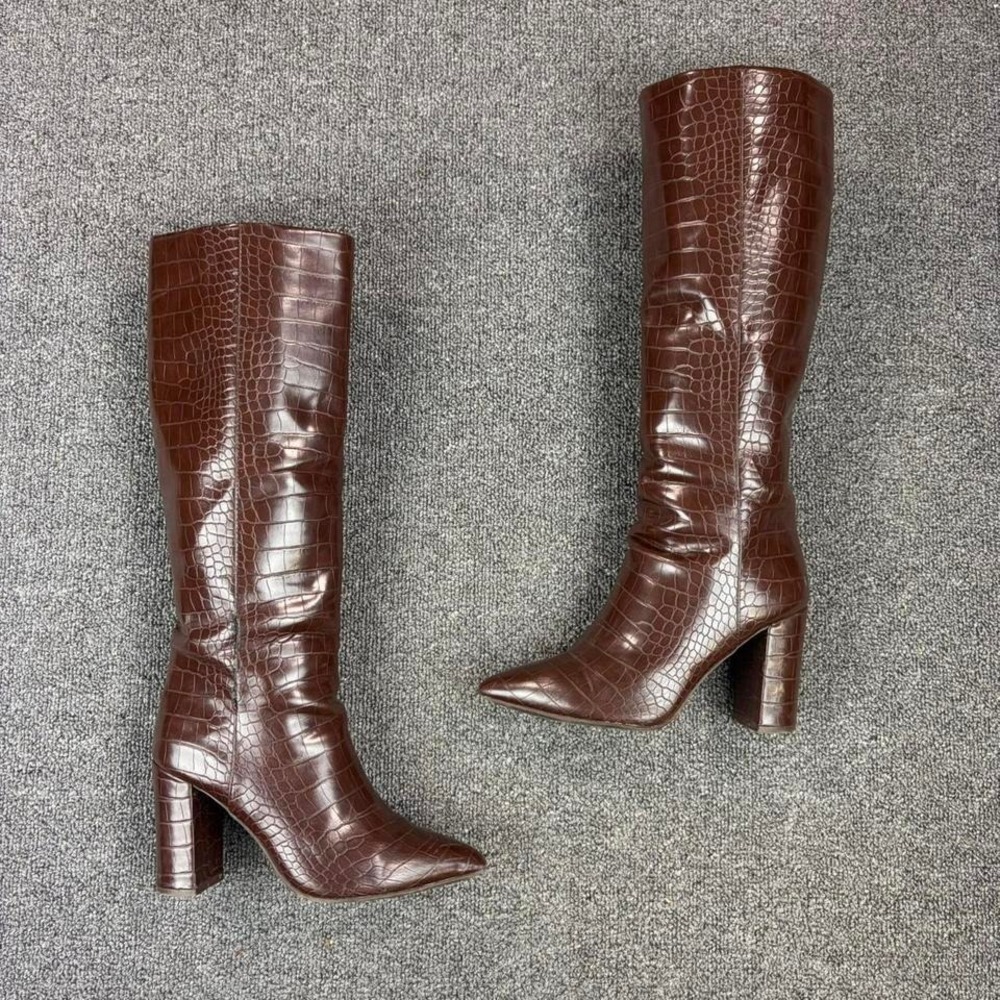Women's INC Black Croc Embossed Side Zip‎ Pointed Toe Heel Tall Boots Size 5 M